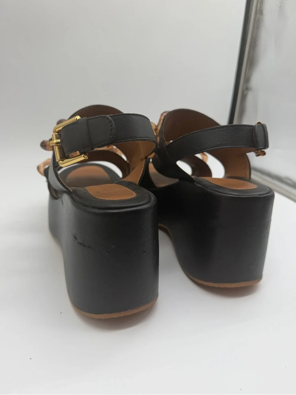 See by Chloé Black Platform Sandals with Tortoiseshell Chain Sz 39 EU 8 US